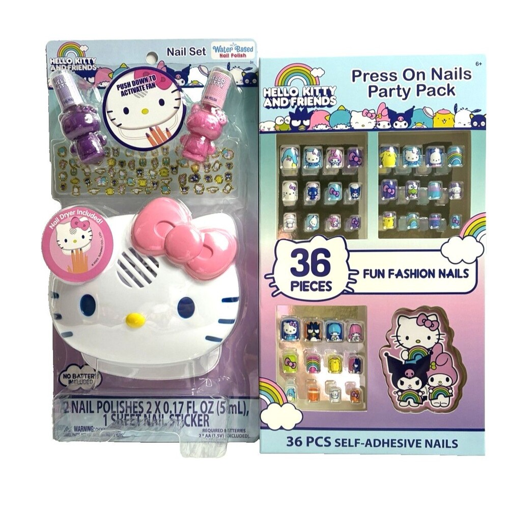 Hello Kitty Nail Set Dryer Polish Stickers and Press on Nails Party Pack Lot New
